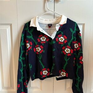 Rowing Blazers X Target Navy Floral Print Cropped Long Sleeve Collared Top